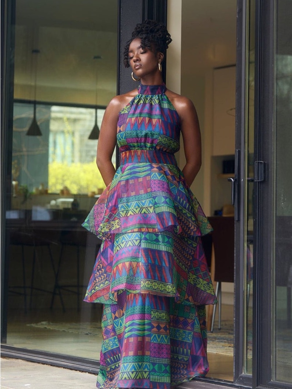 High-Neck Tiered Maxi Dress in Multicolor Geometric Print